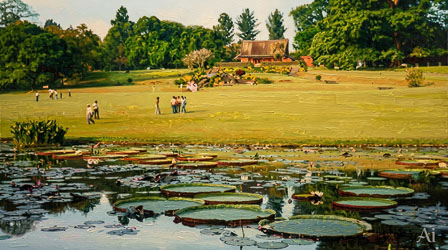 View across a lily pond toward a grassy field and pavilion surrounded by trees in Bogor Botanic Garden